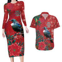 Tui Meri Kirihimete Personalised Couples Matching Long Sleeve Bodycon Dress and Hawaiian Shirt Pohutukawa Flowers Red Motif LT9 Red - Polynesian Pride