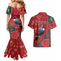 Tui Meri Kirihimete Personalised Couples Matching Mermaid Dress and Hawaiian Shirt Pohutukawa Flowers Red Motif LT9 - Polynesian Pride