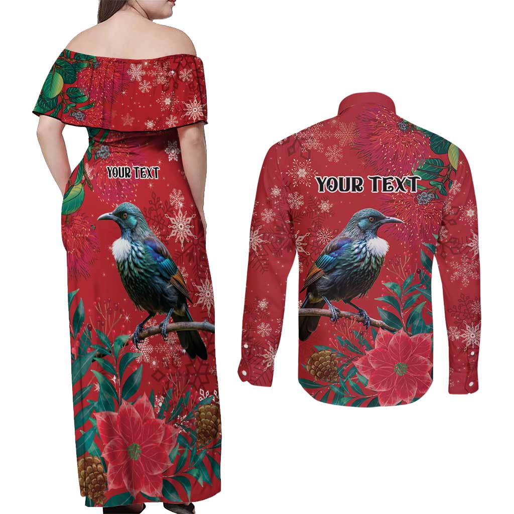 Tui Meri Kirihimete Personalised Couples Matching Off Shoulder Maxi Dress and Long Sleeve Button Shirt Pohutukawa Flowers Red Motif LT9 - Polynesian Pride