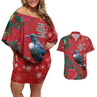 Tui Meri Kirihimete Personalised Couples Matching Off Shoulder Short Dress and Hawaiian Shirt Pohutukawa Flowers Red Motif LT9 Red - Polynesian Pride