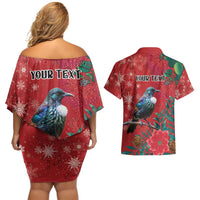 Tui Meri Kirihimete Personalised Couples Matching Off Shoulder Short Dress and Hawaiian Shirt Pohutukawa Flowers Red Motif LT9 - Polynesian Pride