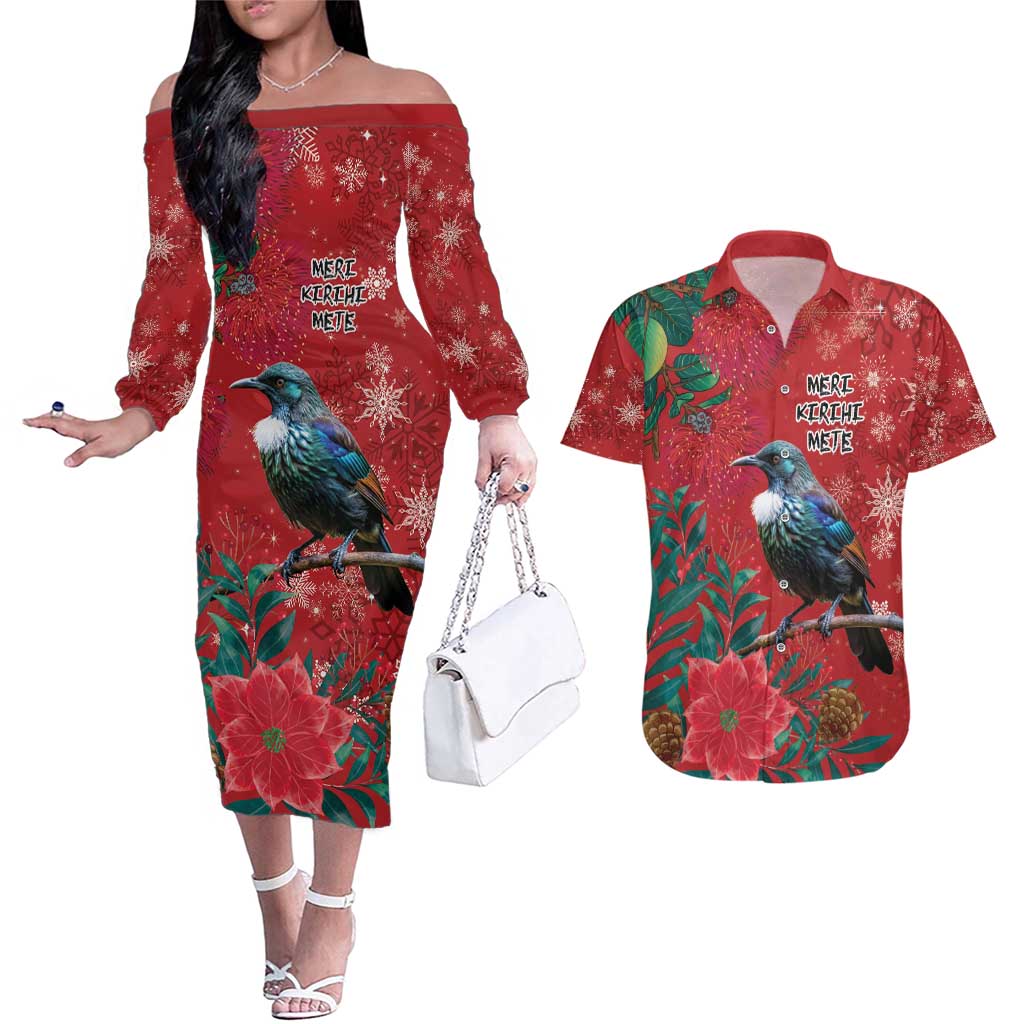 Tui Meri Kirihimete Personalised Couples Matching Off The Shoulder Long Sleeve Dress and Hawaiian Shirt Pohutukawa Flowers Red Motif - Polynesian Pride