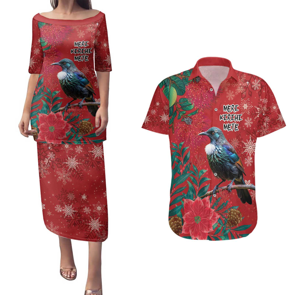 Tui Meri Kirihimete Personalised Couples Matching Puletasi and Hawaiian Shirt Pohutukawa Flowers Red Motif LT9 Red - Polynesian Pride
