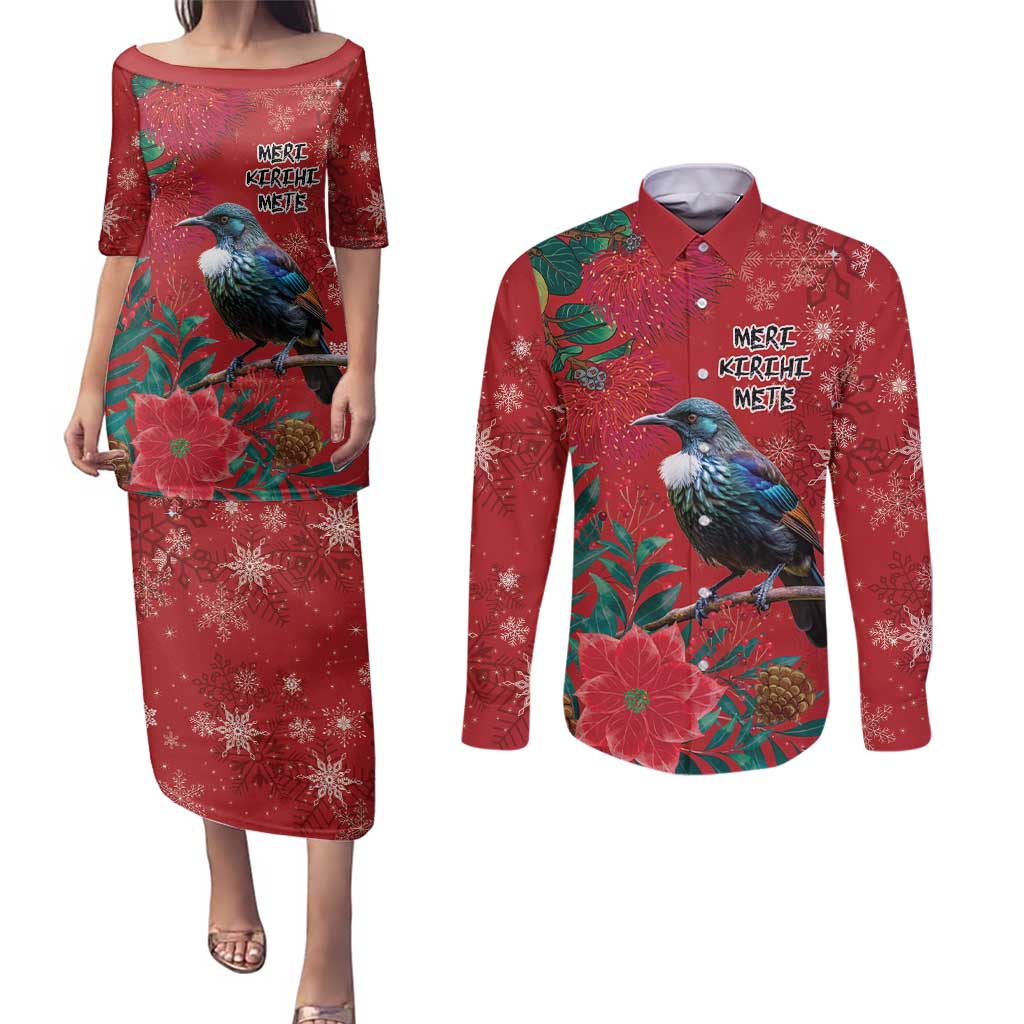 Tui Meri Kirihimete Personalised Couples Matching Puletasi and Long Sleeve Button Shirt Pohutukawa Flowers Red Motif - Polynesian Pride