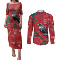 Tui Meri Kirihimete Personalised Couples Matching Puletasi and Long Sleeve Button Shirt Pohutukawa Flowers Red Motif - Polynesian Pride