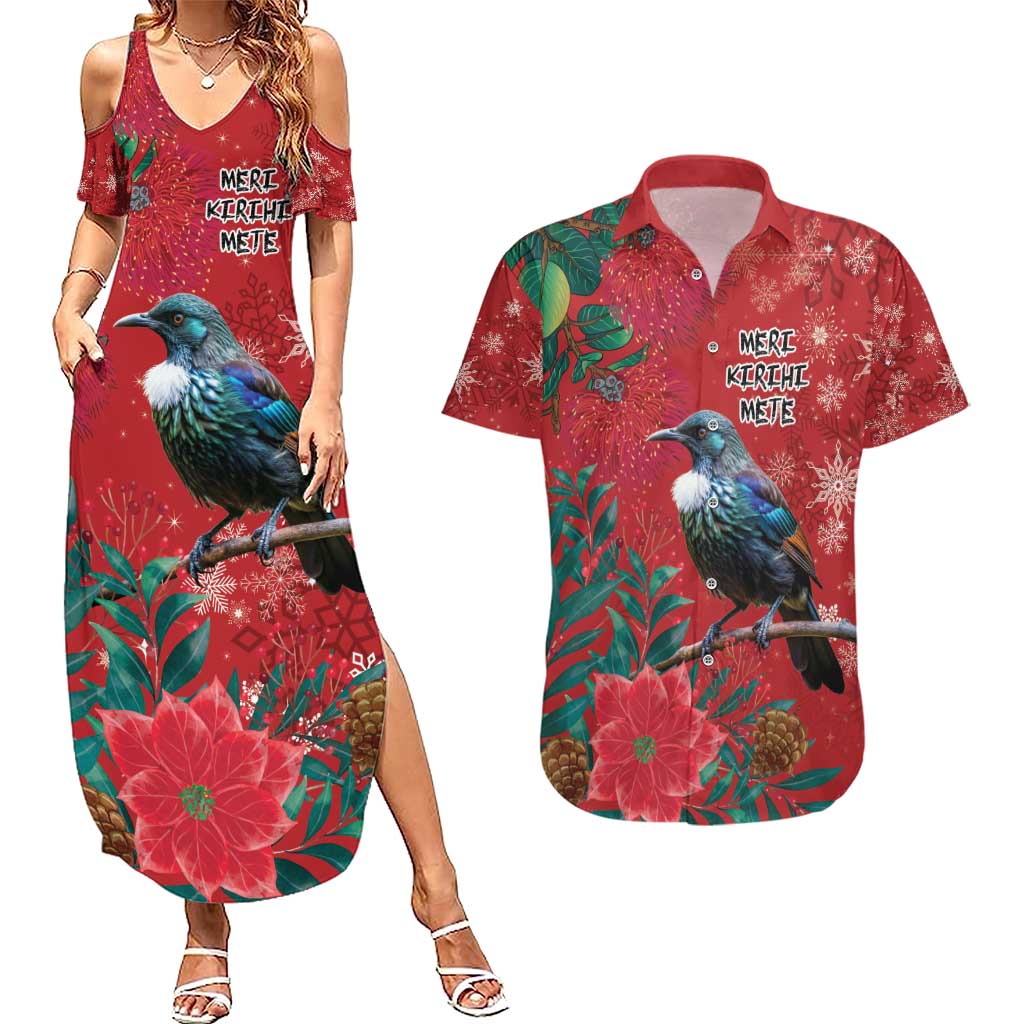 Tui Meri Kirihimete Personalised Couples Matching Summer Maxi Dress and Hawaiian Shirt Pohutukawa Flowers Red Motif LT9 Red - Polynesian Pride