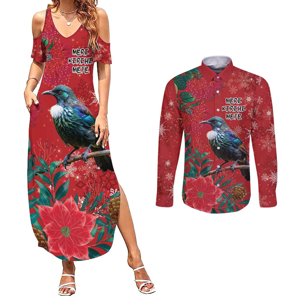 Tui Meri Kirihimete Personalised Couples Matching Summer Maxi Dress and Long Sleeve Button Shirt Pohutukawa Flowers Red Motif - Polynesian Pride