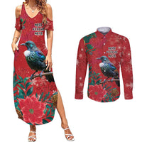 Tui Meri Kirihimete Personalised Couples Matching Summer Maxi Dress and Long Sleeve Button Shirt Pohutukawa Flowers Red Motif LT9 Red - Polynesian Pride