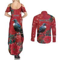 Tui Meri Kirihimete Personalised Couples Matching Summer Maxi Dress and Long Sleeve Button Shirt Pohutukawa Flowers Red Motif LT9 - Polynesian Pride