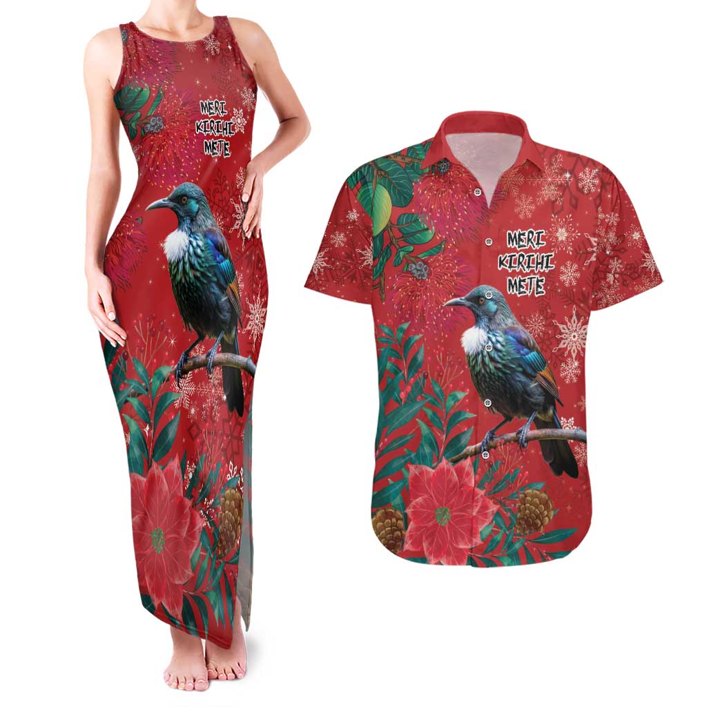 Tui Meri Kirihimete Personalised Couples Matching Tank Maxi Dress and Hawaiian Shirt Pohutukawa Flowers Red Motif LT9 Red - Polynesian Pride