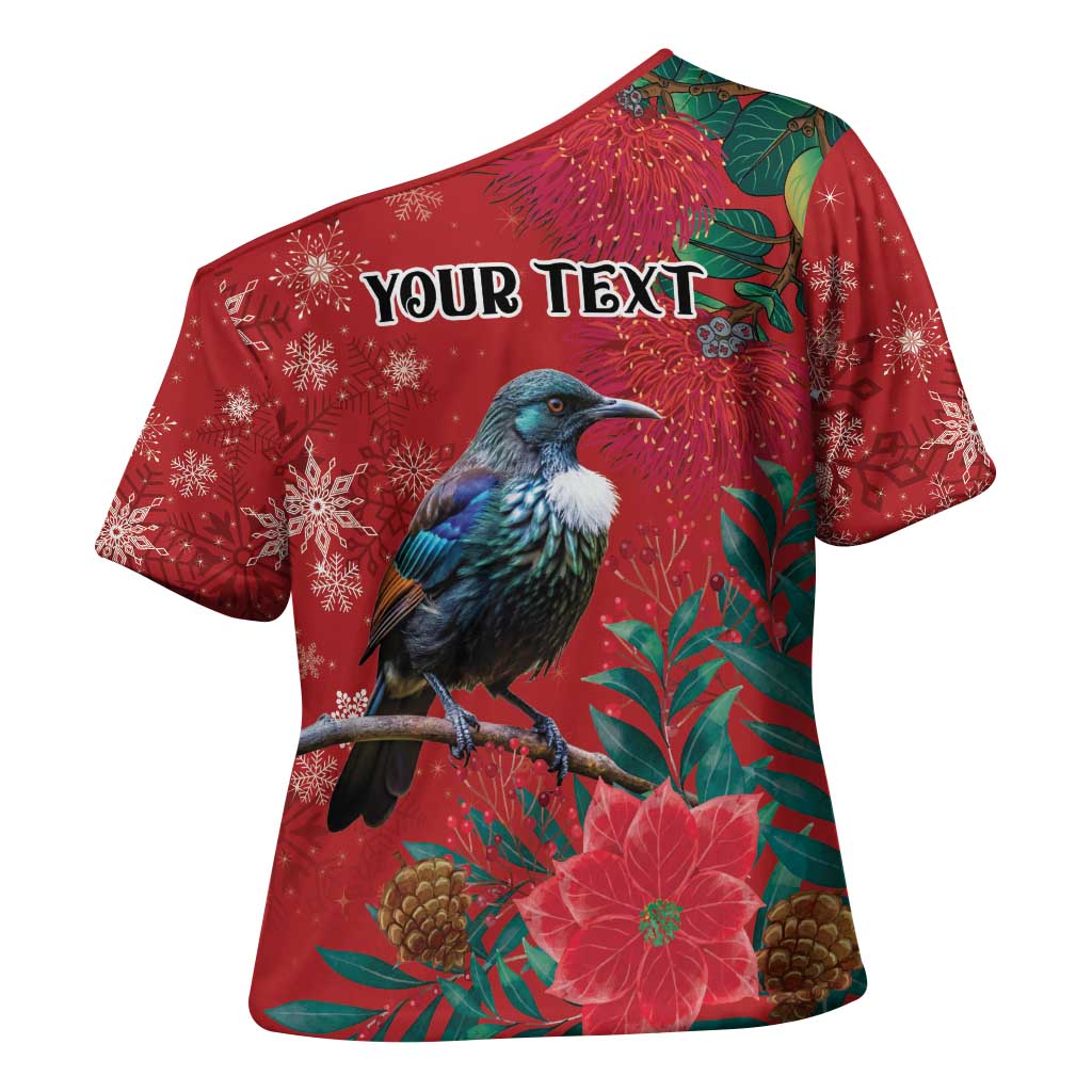 Tui Meri Kirihimete Personalised Cross Shoulder Shirt Pohutukawa Flowers Red Motif - Polynesian Pride