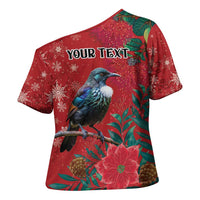 Tui Meri Kirihimete Personalised Cross Shoulder Shirt Pohutukawa Flowers Red Motif - Polynesian Pride