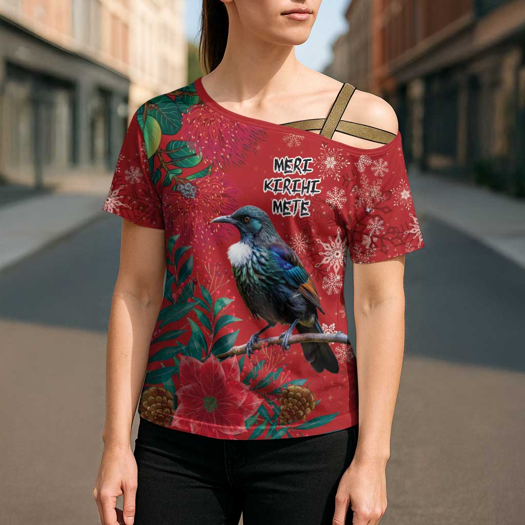 Tui Meri Kirihimete Personalised Cross Shoulder Shirt Pohutukawa Flowers Red Motif - Polynesian Pride