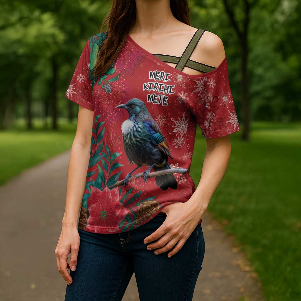 Tui Meri Kirihimete Personalised Cross Shoulder Shirt Pohutukawa Flowers Red Motif - Polynesian Pride
