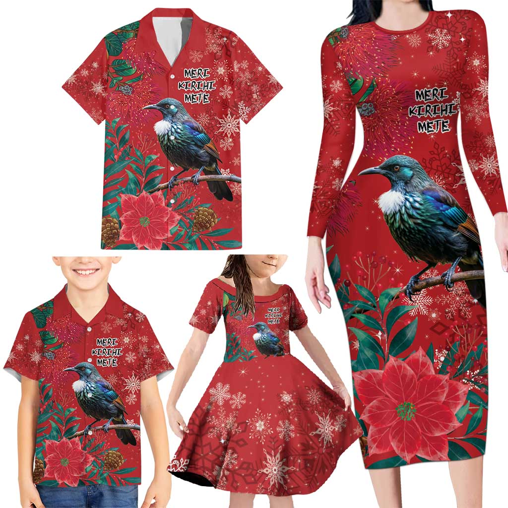Tui Meri Kirihimete Personalised Family Matching Long Sleeve Bodycon Dress and Hawaiian Shirt Pohutukawa Flowers Red Motif - Polynesian Pride