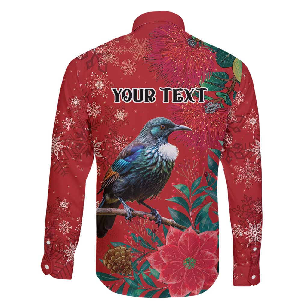 Tui Meri Kirihimete Personalised Family Matching Long Sleeve Bodycon Dress and Hawaiian Shirt Pohutukawa Flowers Red Motif - Polynesian Pride