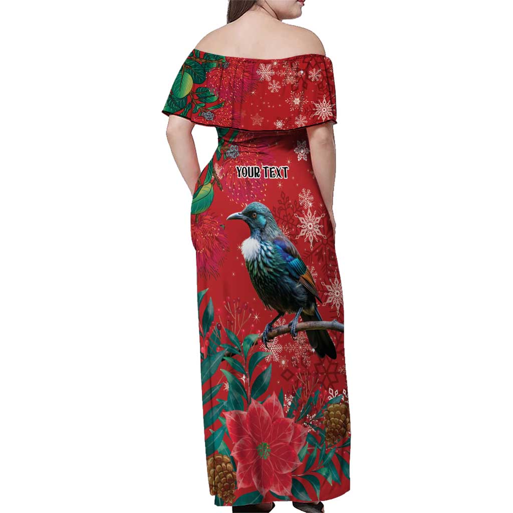 Tui Meri Kirihimete Personalised Family Matching Off Shoulder Maxi Dress and Hawaiian Shirt Pohutukawa Flowers Red Motif - Polynesian Pride