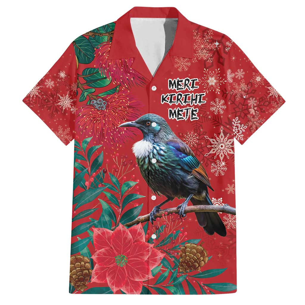 Tui Meri Kirihimete Personalised Family Matching Off Shoulder Short Dress and Hawaiian Shirt Pohutukawa Flowers Red Motif - Polynesian Pride