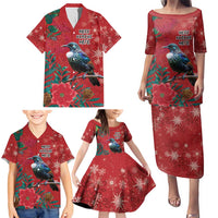 Tui Meri Kirihimete Personalised Family Matching Puletasi and Hawaiian Shirt Pohutukawa Flowers Red Motif - Polynesian Pride
