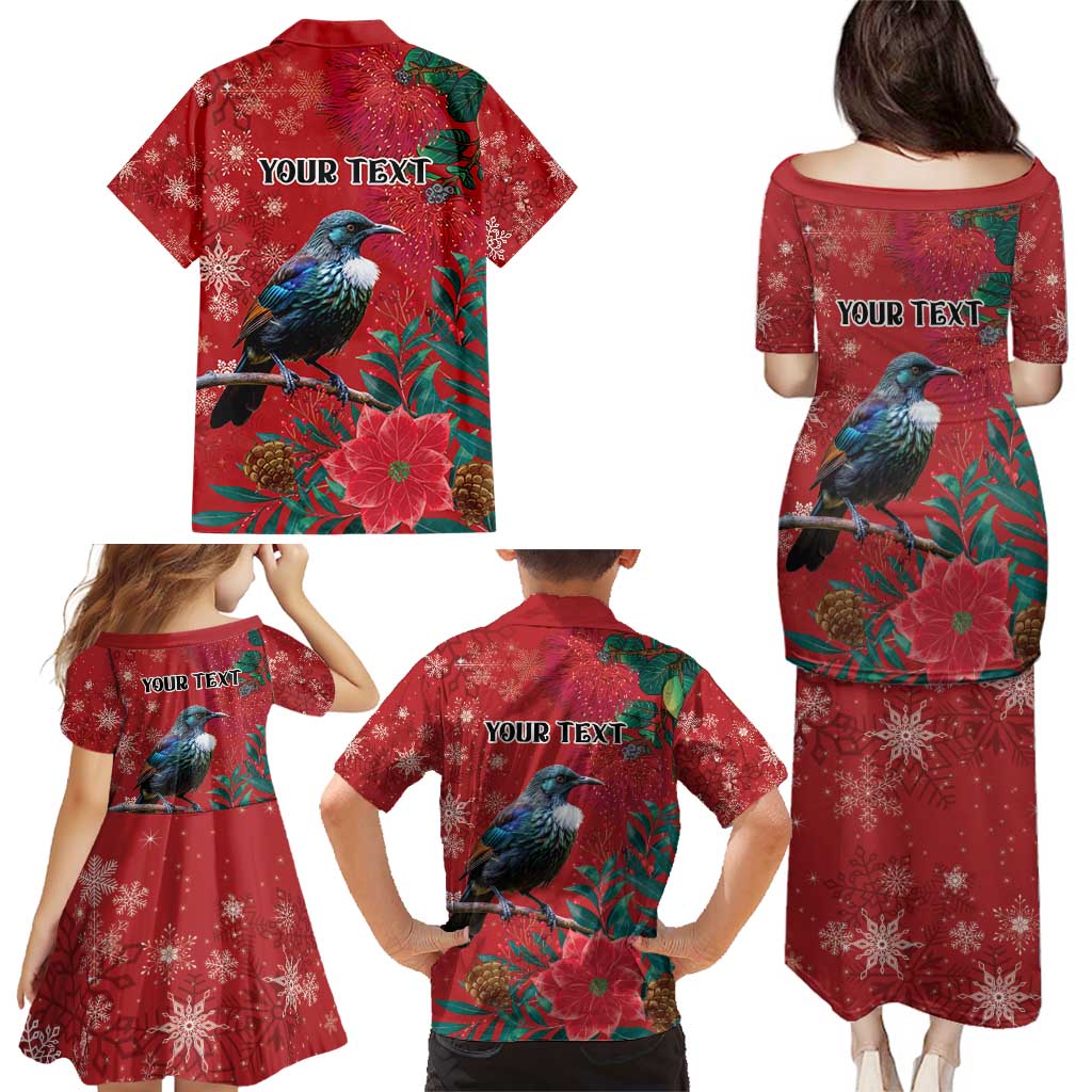 Tui Meri Kirihimete Personalised Family Matching Puletasi and Hawaiian Shirt Pohutukawa Flowers Red Motif - Polynesian Pride