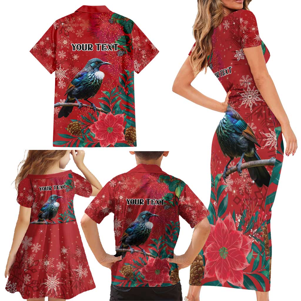 Tui Meri Kirihimete Personalised Family Matching Short Sleeve Bodycon Dress and Hawaiian Shirt Pohutukawa Flowers Red Motif - Polynesian Pride