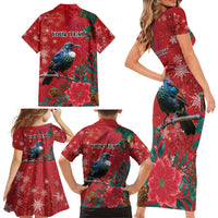 Tui Meri Kirihimete Personalised Family Matching Short Sleeve Bodycon Dress and Hawaiian Shirt Pohutukawa Flowers Red Motif - Polynesian Pride