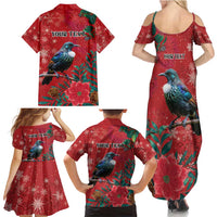 Tui Meri Kirihimete Personalised Family Matching Summer Maxi Dress and Hawaiian Shirt Pohutukawa Flowers Red Motif - Polynesian Pride