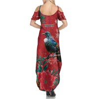 Tui Meri Kirihimete Personalised Family Matching Summer Maxi Dress and Hawaiian Shirt Pohutukawa Flowers Red Motif - Polynesian Pride
