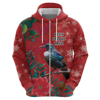 Tui Meri Kirihimete Personalised Hoodie Pohutukawa Flowers Red Motif - Polynesian Pride