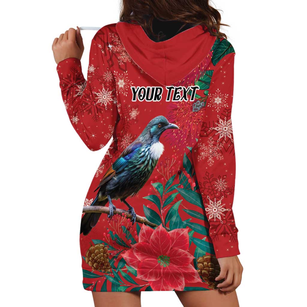 Tui Meri Kirihimete Personalised Hoodie Dress Pohutukawa Flowers Red Motif - Polynesian Pride