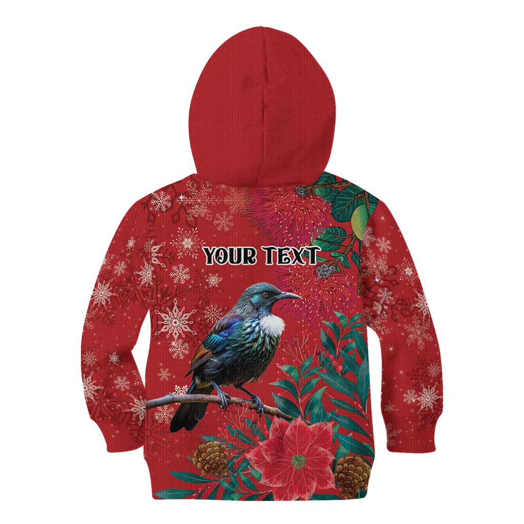 Tui Meri Kirihimete Personalised Kid Hoodie Pohutukawa Flowers Red Motif - Polynesian Pride
