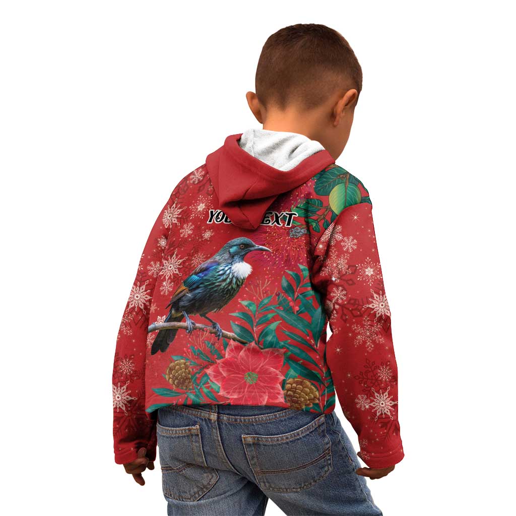 Tui Meri Kirihimete Personalised Kid Hoodie Pohutukawa Flowers Red Motif - Polynesian Pride