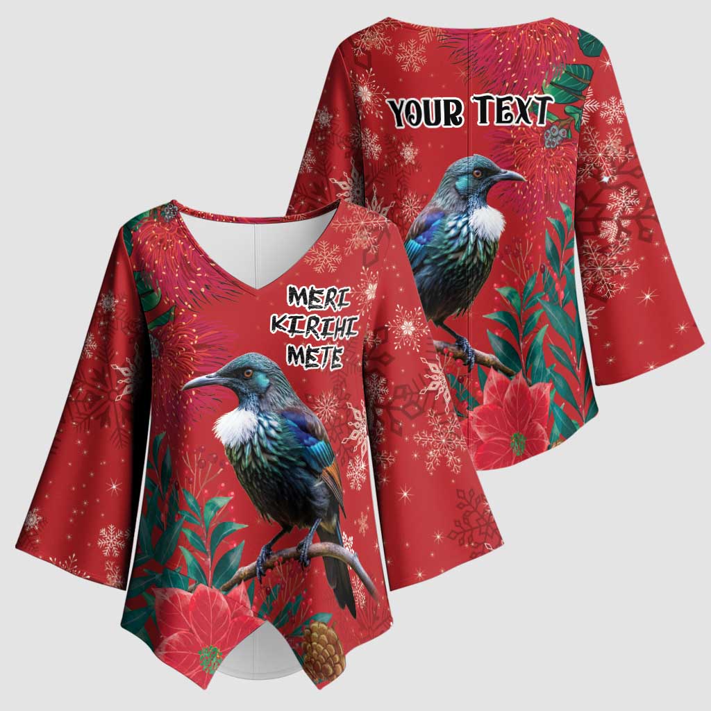 Tui Meri Kirihimete Personalised Kimono Sleeve Blouse Pohutukawa Flowers Red Motif - Polynesian Pride