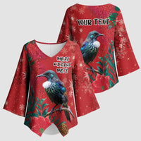 Tui Meri Kirihimete Personalised Kimono Sleeve Blouse Pohutukawa Flowers Red Motif - Polynesian Pride