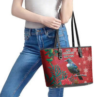 Tui Meri Kirihimete Personalised Leather Tote Bag Pohutukawa Flowers Red Motif - Polynesian Pride