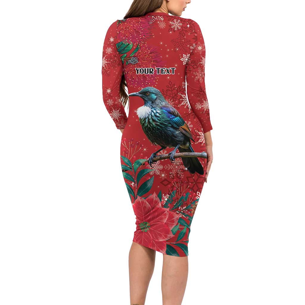 Tui Meri Kirihimete Personalised Long Sleeve Bodycon Dress Pohutukawa Flowers Red Motif - Polynesian Pride