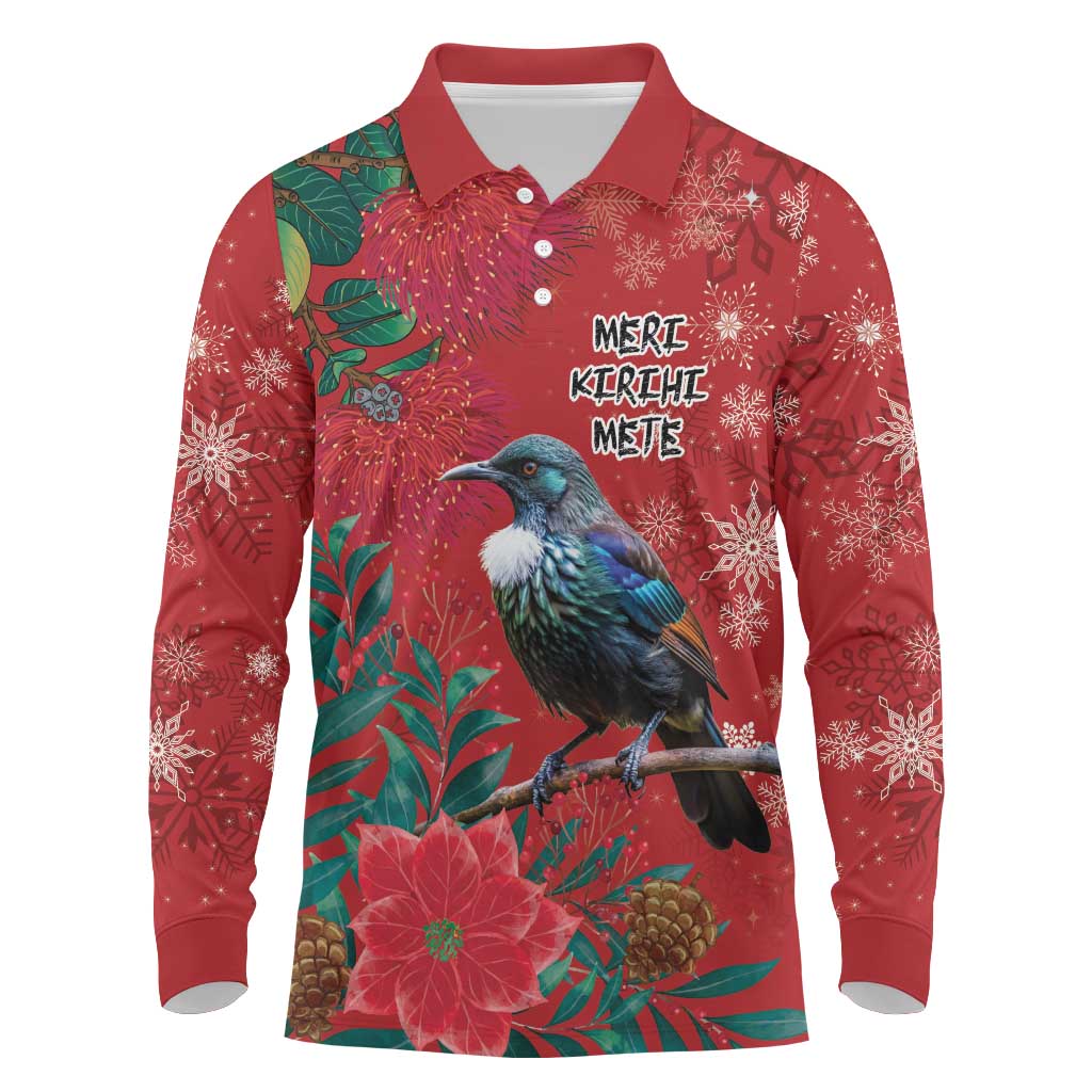 Tui Meri Kirihimete Personalised Long Sleeve Polo Shirt Pohutukawa Flowers Red Motif - Polynesian Pride