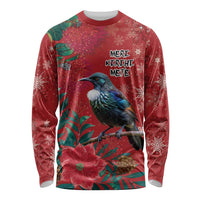 Tui Meri Kirihimete Personalised Long Sleeve Shirt Pohutukawa Flowers Red Motif - Polynesian Pride