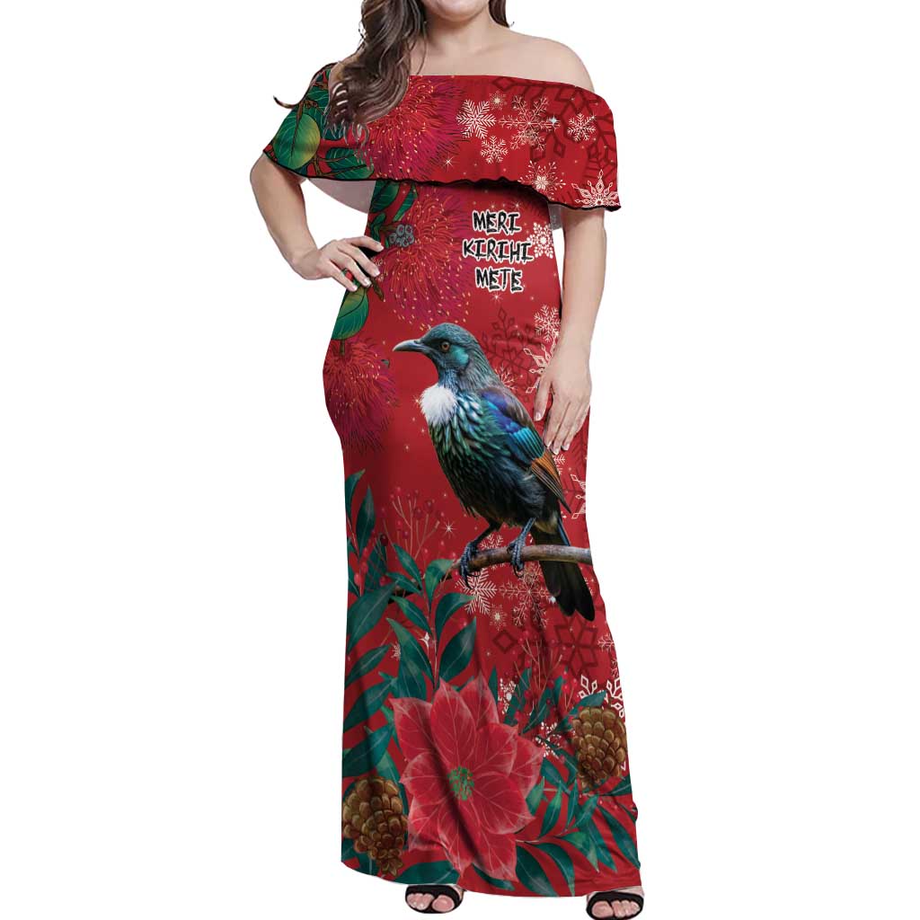 Tui Meri Kirihimete Personalised Off Shoulder Maxi Dress Pohutukawa Flowers Red Motif - Polynesian Pride