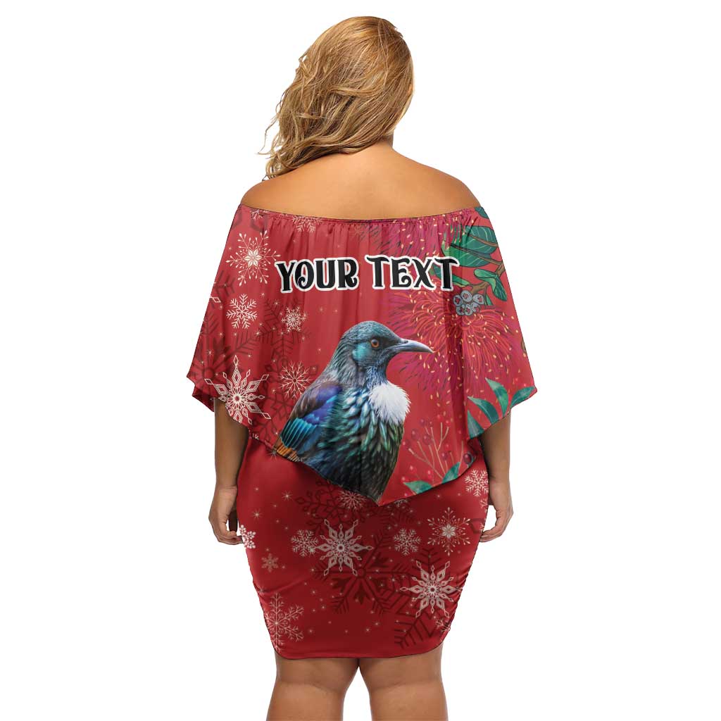 Tui Meri Kirihimete Personalised Off Shoulder Short Dress Pohutukawa Flowers Red Motif - Polynesian Pride