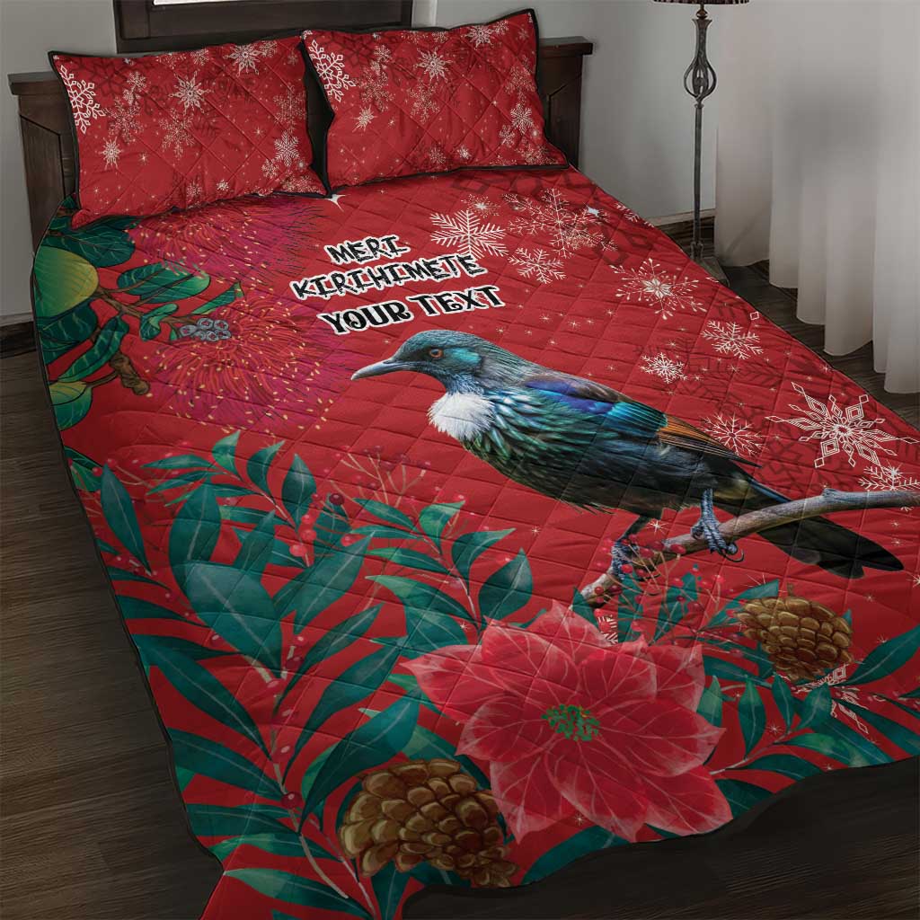 Tui Meri Kirihimete Personalised Quilt Bed Set Pohutukawa Flowers Red Motif - Polynesian Pride