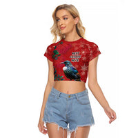 Tui Meri Kirihimete Personalised Raglan Cropped T Shirt Pohutukawa Flowers Red Motif - Polynesian Pride