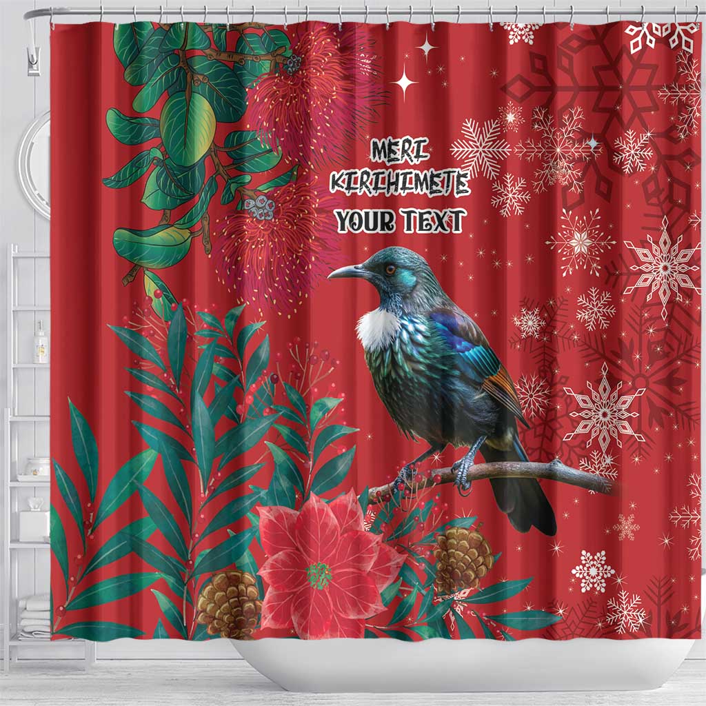 Tui Meri Kirihimete Personalised Shower Curtain Pohutukawa Flowers Red Motif - Polynesian Pride
