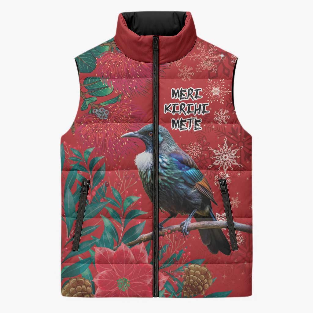 Tui Meri Kirihimete Personalised Sleeveless Puffer Jacket Pohutukawa Flowers Red Motif - Polynesian Pride