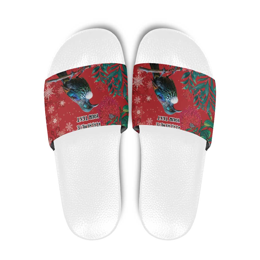 Tui Meri Kirihimete Personalised Slide Sandals Pohutukawa Flowers Red Motif - Polynesian Pride
