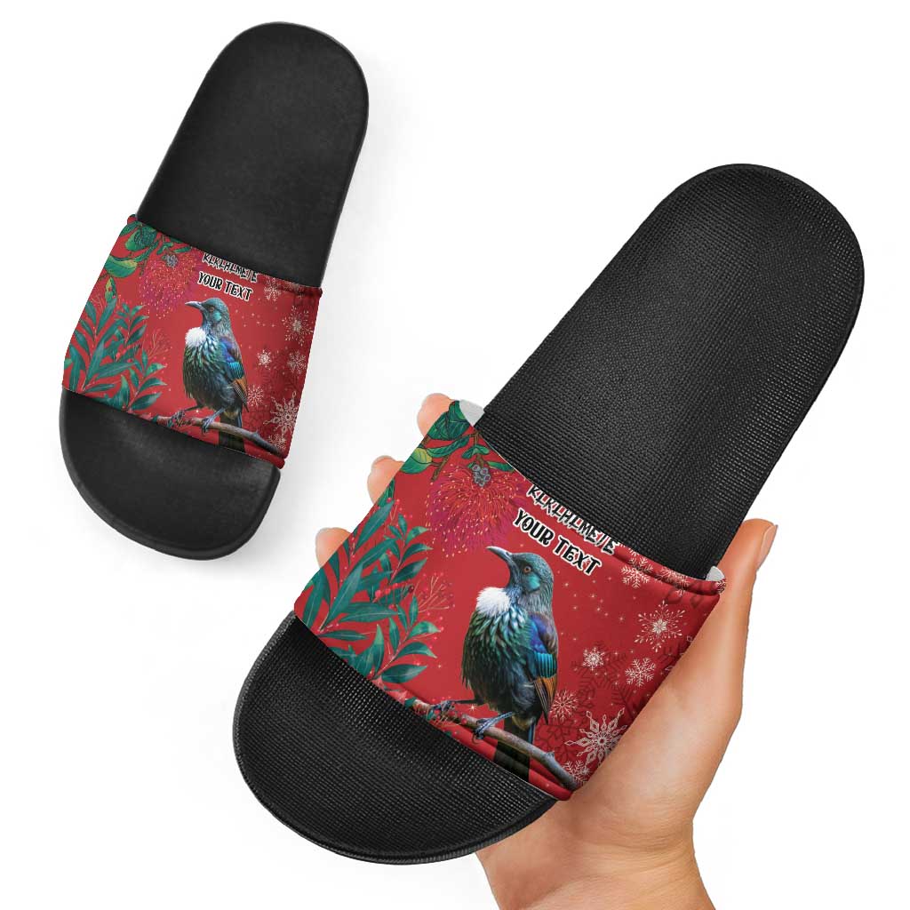 Tui Meri Kirihimete Personalised Slide Sandals Pohutukawa Flowers Red Motif - Polynesian Pride