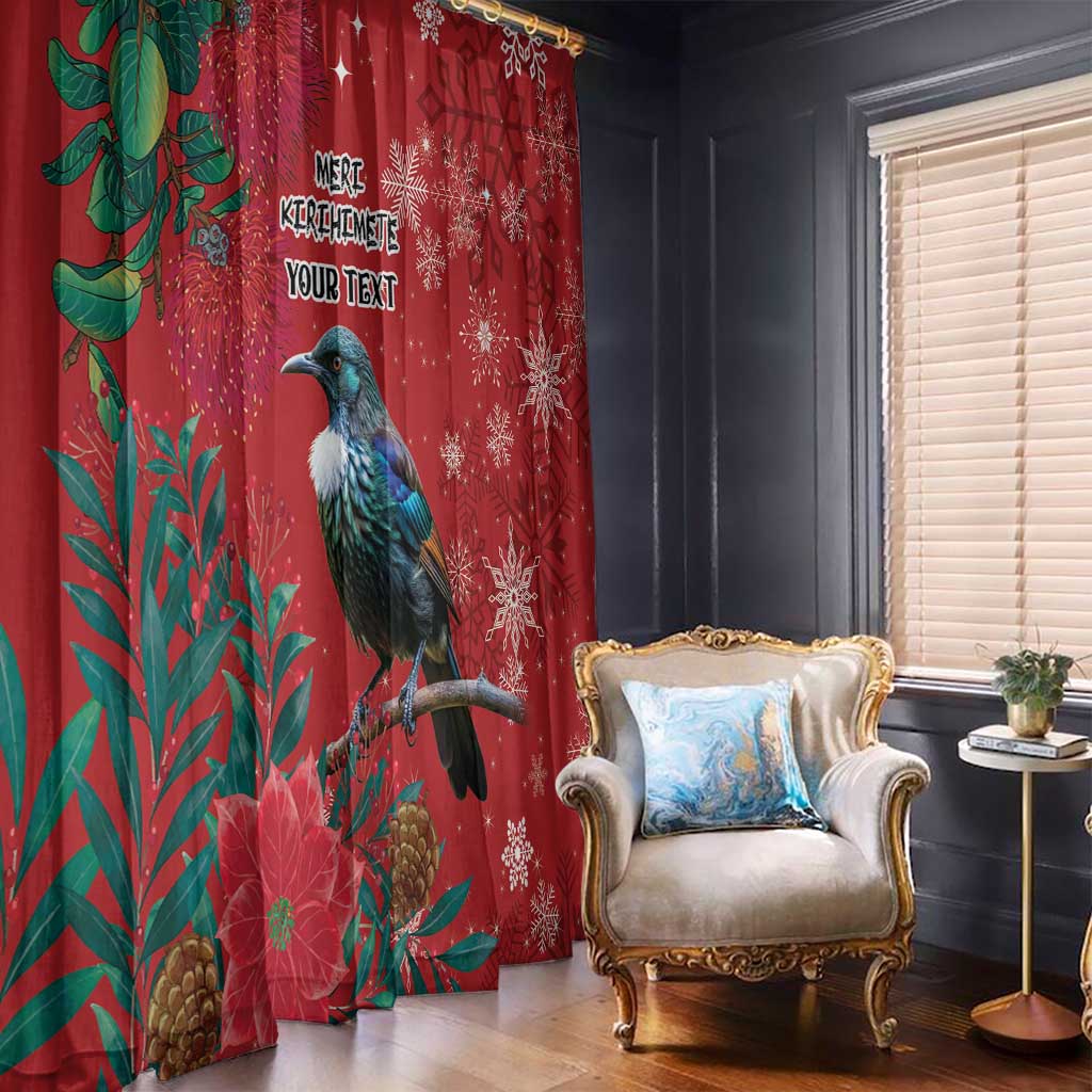 Tui Meri Kirihimete Personalised Window Curtain Pohutukawa Flowers Red Motif - Polynesian Pride