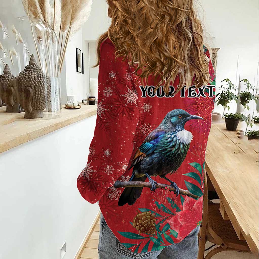Tui Meri Kirihimete Personalised Women Casual Shirt Pohutukawa Flowers Red Motif - Polynesian Pride