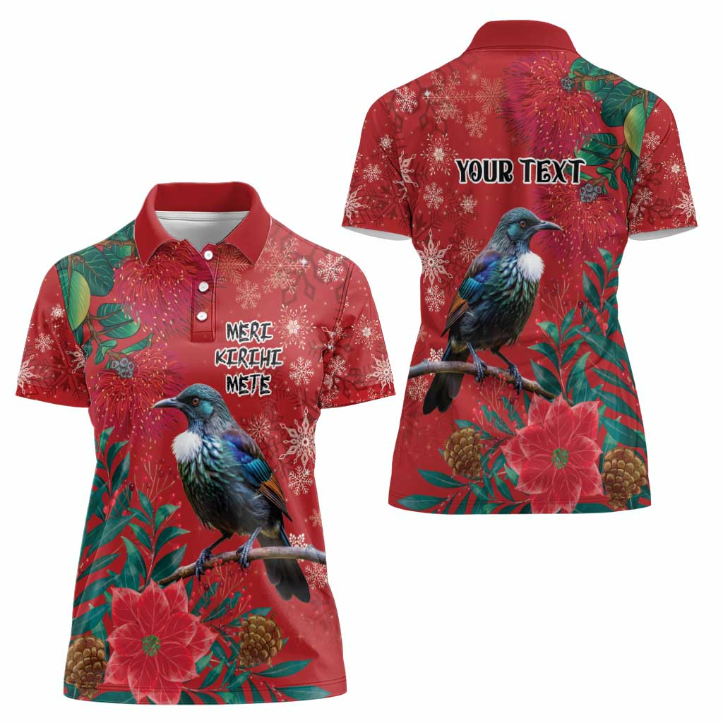 Tui Meri Kirihimete Personalised Women Polo Shirt Pohutukawa Flowers Red Motif LT9 - Polynesian Pride