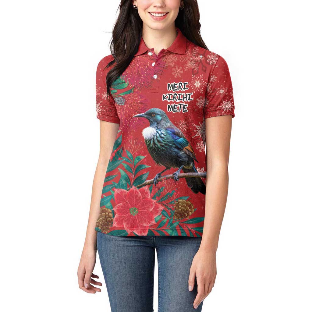 Tui Meri Kirihimete Personalised Women Polo Shirt Pohutukawa Flowers Red Motif LT9 - Polynesian Pride